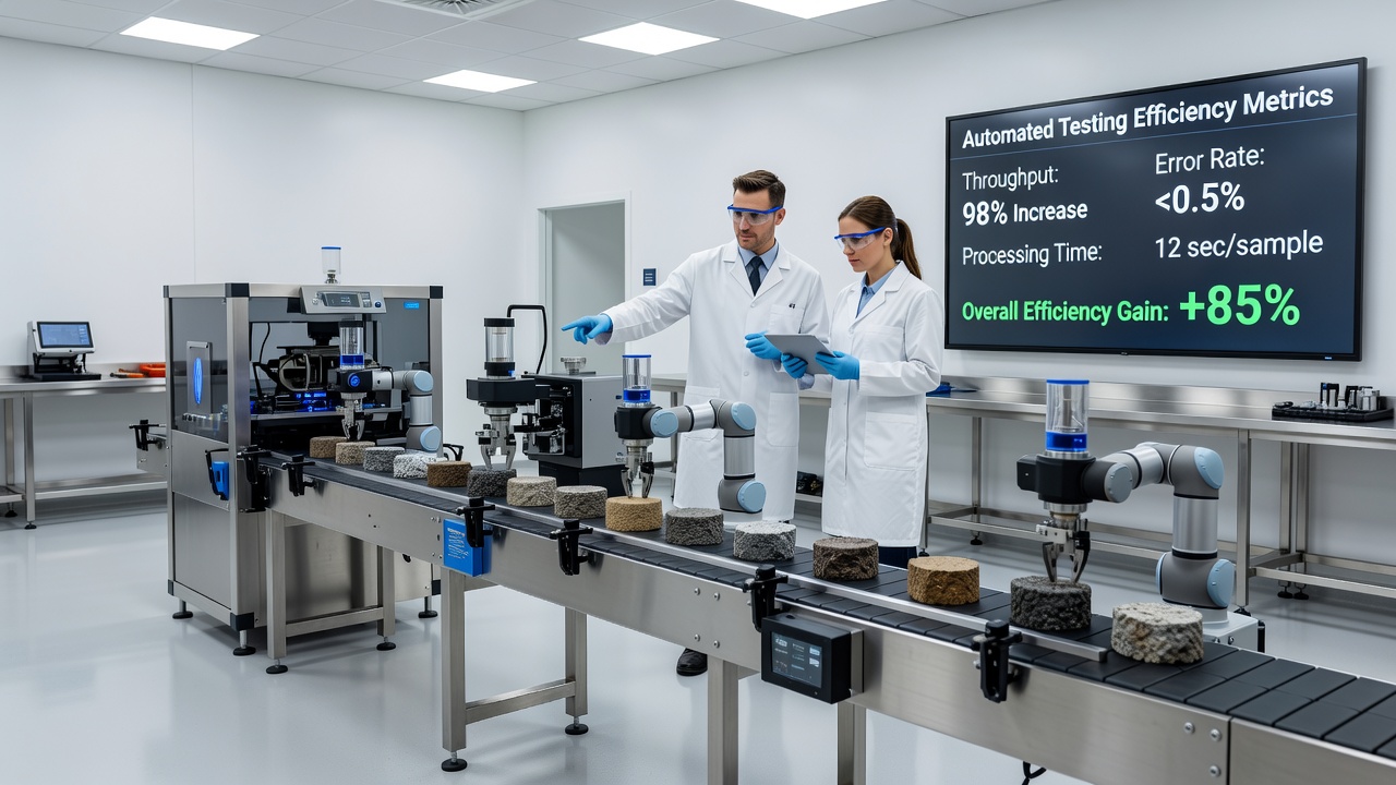 Robotic arms handling mineral samples for automated quality analysis in an industrial lab