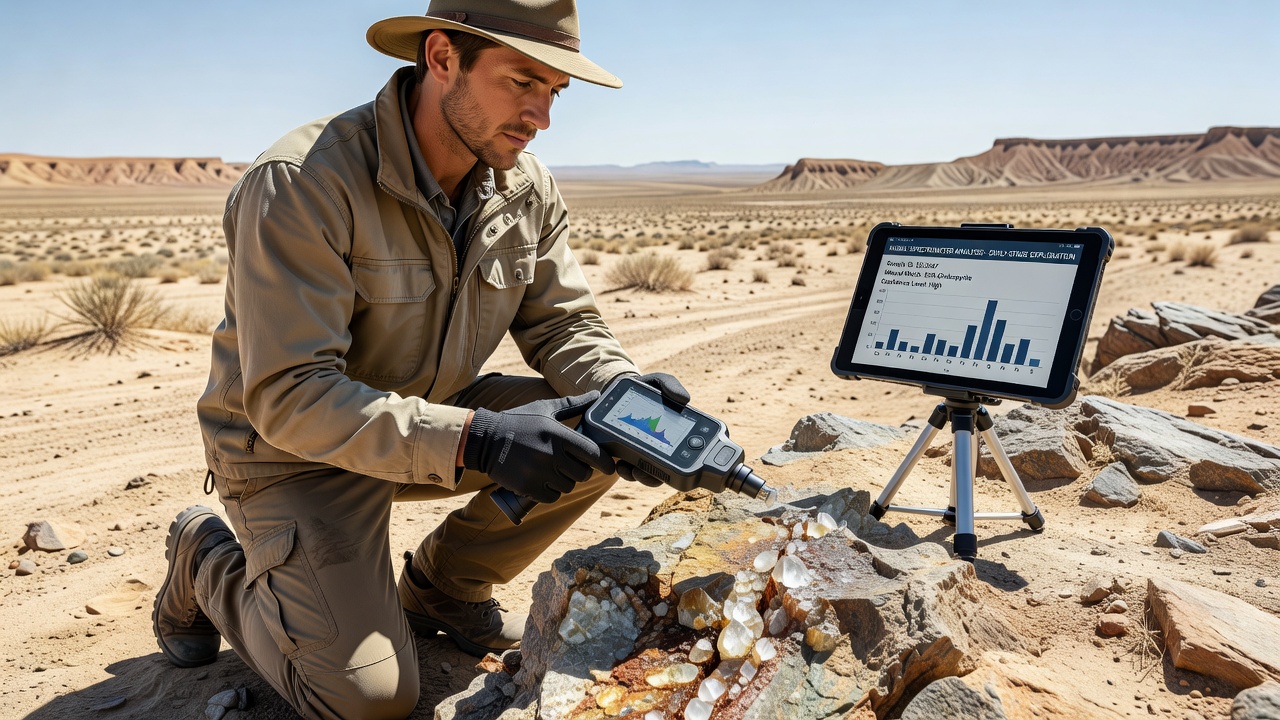Close-up view of spectral data displayed on a mobile spectrometry tablet during mineral survey