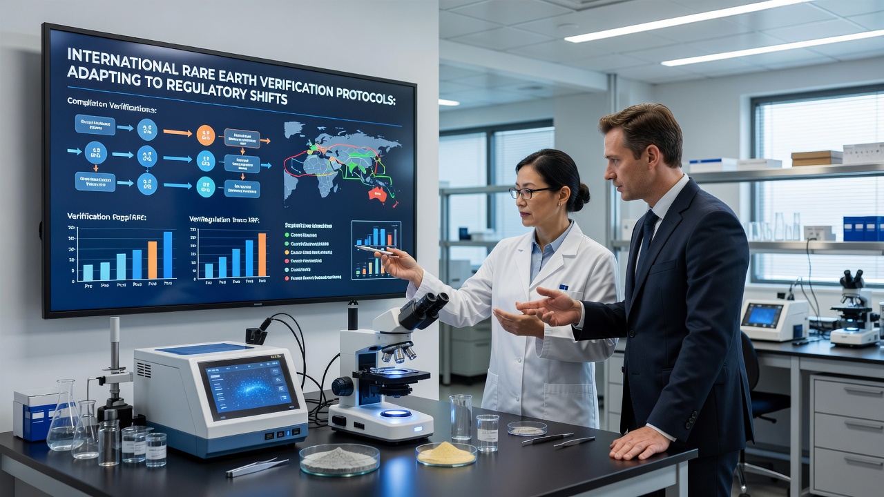 Technicians using portable spectrometry equipment to verify rare earth concentrate composition at a processing facility before export documentation is finalized